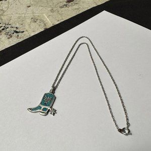 Signed COP Pewter Silver Tone / Turquoise Blue Color Cowgirl Boot With Spur